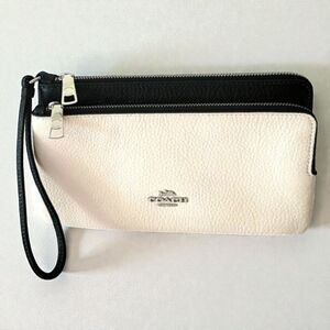 Coach Double Zip Wristlet Wallet Chalk White Black Leather Logo Large Clutch NEW